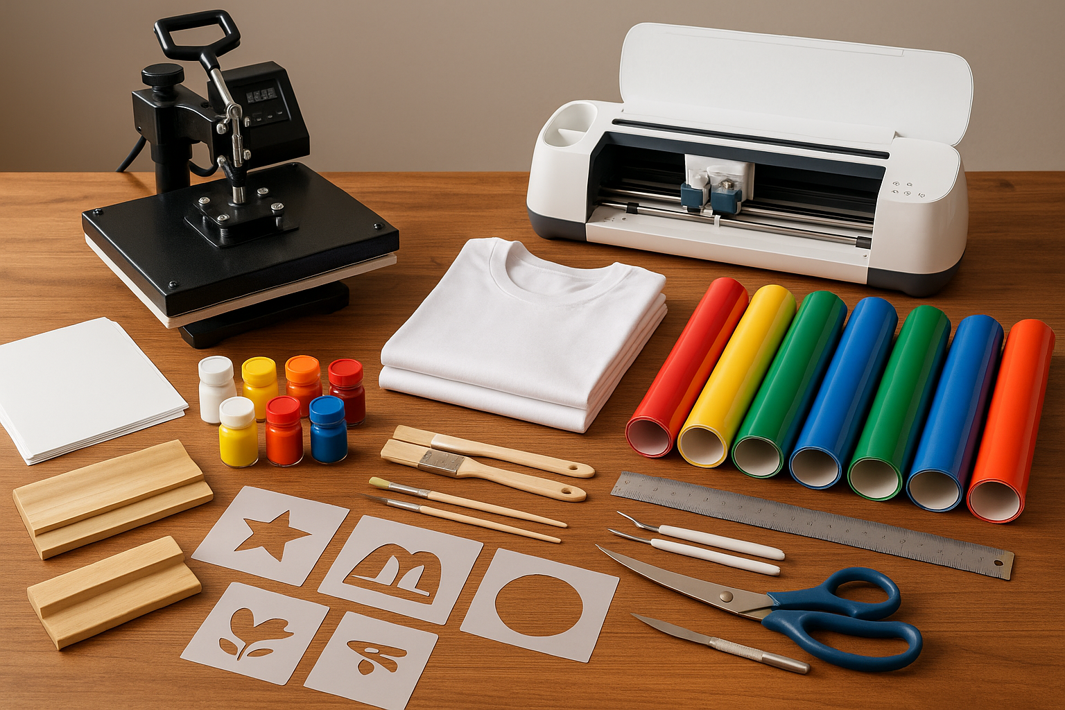 table with tools for custom t shirts